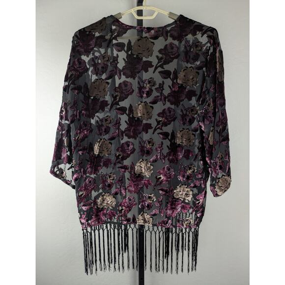 GUESS XS/S Velvet Burnout with Fringe Kimono black purple tan - Picture 2 of 6
